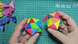 Octaedro estrelado Montagem  12 unidades sonobe com 3 cores  Origami Modular  Kusudama [upl. by Artenahs]