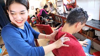 ASMR Strong head and neck massage by a Cambodian lady barber in Phnom Phen [upl. by Hsital854]