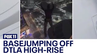 Oceanwide Plaza Base jumpers leap from DTLA highrise [upl. by Filberte489]