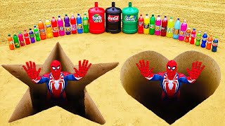 Spiderman amp Big Toothpaste Eruption from Star amp Heart holes Giant Cola Fanta Sprite vs Mentos [upl. by Ohploda]