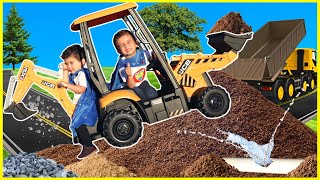 Excavator digging dirt at construction site with kids ride on backhoe digger and excavator bulldozer [upl. by Caffrey]