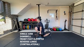 Single Arm Dumbbell Front Foot Elevated Reverse Lunge Contralateral  Trainifier Exercise Library [upl. by Atiuqal]