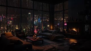 247 Gemütliches Schlafzimmer mit Regengeräuschen Kamin und nächtlicher Stadtlandschaft 🌧️🌃🔥 [upl. by Trueblood]