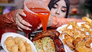 eating chinese food ASMR honey garlic wings bbq ribs lo mein large sweet and sour sauce mukbang [upl. by Rusel]