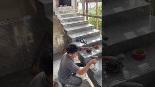 Tiles fixing process on stairs by skilled worker [upl. by Akcirederf]