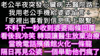 老公半夜突發心臟病 去醫院路上我用老公手機給婆婆留言：「家裡出事看到信息馬上聯繫」 不料下一秒收到婆婆兩條回覆 心書時光 為人處事 生活經驗 情感故事 唯美频道 爽文 [upl. by Ahsinhoj807]