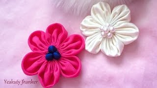 DIY Six petal Kanzashi fabric flower hair clip [upl. by Helali]