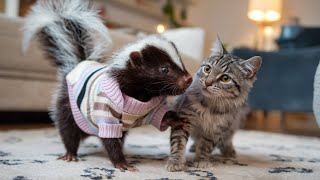 Cute Skunk Plays with Cat 🦨🐱  Adorable Duo [upl. by Euqinorev]