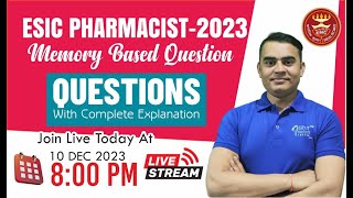 ESIC PHARMACIST 2023 MEMORY BASED QUESTIONS [upl. by Asertal]