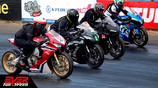 CBR1000RR 🆚 Panigale V4 🆚 GSXR1000 🆚 Ninja ZX10R 🔥 DRAG RACES 🔥 9 seg Piques Barranquilla 2022 [upl. by Endora]