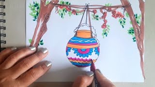 Janmashtami drawing  Dahi handi drawing Simple art ideas  Watercolor brush pen drawing [upl. by Byrn756]