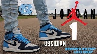 JORDAN 1 OBSIDIAN quotUNCquot REVIEW amp ON FEET W LACE SWAP [upl. by Barnett]