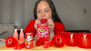 ASMR RED FOOD EDIBLE SHOT GLASSES JELLO BALLTIKTOK JELLY FRUIT POP ROCKS MUKBANG [upl. by Wakeen]