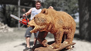 REAL SIZE WOODEN BEAR amazing chainsaw wood carving [upl. by Aihtnyc]