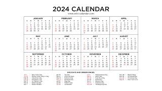 Free Year 2024 Calendar Printable with Holidays  Wiki Calendar [upl. by Yenmor]