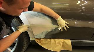 Body repair  Prep Mercedes GL after crash  dent repair with putty amp primer surfacer [upl. by Kikelia]