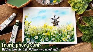 Vẽ tranh phong cảnh cánh đồng hoa cúc  Hướng dẫn vẽ màu nước  Watercolor tutorial [upl. by Tiff]