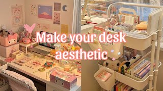 Make your desk aesthetic  desk makeover 🎀  pink cozy aesthetic [upl. by Milak248]