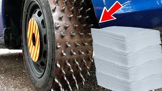 NEW  SPINING SPIKE TIRE CAR vs 600 SHEETS of NAPKINS  Most Satisfying SHREDDING video [upl. by Aehsal]