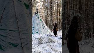 Winter Road to Tipi Roast in a cauldron tipi bushcraft wilderness flintandsteel lotr shorts [upl. by Ahsaya]