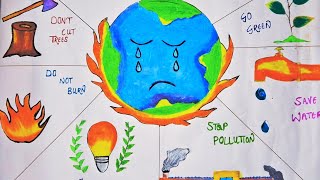 Global Warming Poster Drawing Easy Save Earth Drawing  🌚💧🏞 Sav Environment Poster Climate change [upl. by Ark]