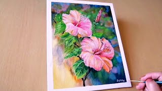 Painting Gumamela with Blur  Bokeh Background 🌺 🎨  Acrylic Painting [upl. by Barbe]