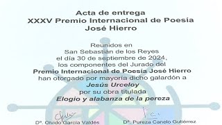 Jesús Urceloy gana el XXXV Premio Internacional de Poesía José Hierro [upl. by Cavuoto]