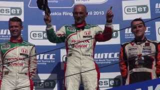 Castrol Honda WTCC  Slovakia podium  Gabriele Tarquini heads a Honda 123 [upl. by Ennovyhc814]