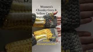 Women’s Chunky Grey Yellow and White Mix Handmade Crochet Fingerless Gloves for Sale [upl. by Lejeune945]