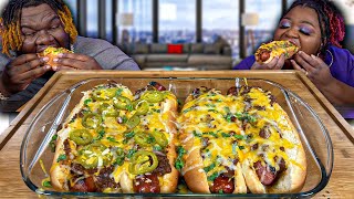 GIANT CHILI CHEESE SAUSAGE DOGS  HASHTAG THE CANNONS  MUKBANG EATING SHOW [upl. by Akyssej]