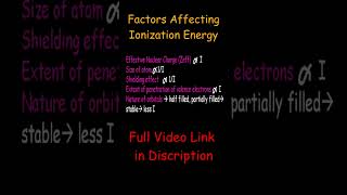 Factors affecting ionization energy Zeff size of atom electronic configuration nature of orbital [upl. by Amrac269]