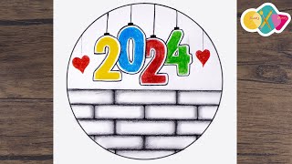 رسم سهل جدا  بمناسبة عام 2024  رسم العام الجديد 2024  تعليم الرسم drawing 2024 [upl. by Hebel]