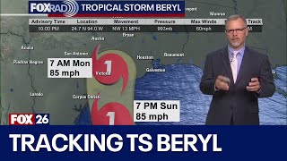 Tropical Storm Beryl update Latest path impacts to Texas and Houston [upl. by Hsepid144]