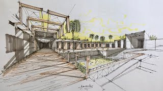 2 point interior perspective sketch from centeral yard  by Hadi Javanshir architectural sketch [upl. by Ardnuahs]