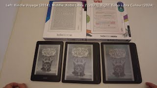 Screen compare of NEW Kobo Libra Colour vs Kobo Libra 2 vs Kindle Voyage in different conditions [upl. by Nnayd442]