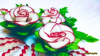 The Beauty Of Rose Carving Garnish Best Vegetable For Flower Design  Red Radish amp Cucumber [upl. by Anelec]