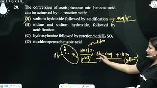 The conversion of acetophenone into benzoic acid can be achieved by its reaction with [upl. by Lekcar]