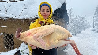 Mix of Cooking giant Turkey in Snowy Day in Village  Stuffed Turkey Recipe [upl. by Ailuy]