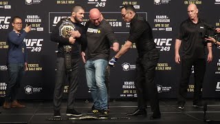 Khabib Nurmagomedov kicks Tony Ferguson’s UFC belt during face off  UFC 249 presser [upl. by Aitak311]