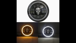 Motorcycle 7 inch Projector LED Headlight RGB Skull Design With White Yellow Halo Ring High Low Beam [upl. by Alrak]