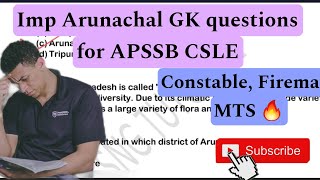 Most expected Arunachal GK questions for APSSB CSLE  Constable Fireman MTS 🔥 apssb mts [upl. by Naitsyrk]