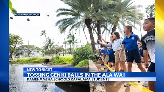 Kamehameha students toss genki balls to help clean up the Ala Wai canal [upl. by Ahselrak]