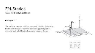 Rigid body Equilibrium Ex 07 Determine the tension in each of the three parallel supporting cables [upl. by Lenuahs]