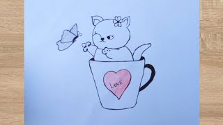 How to draw a cute Kitty in a cuppencil sketch artvideo kitty drawing [upl. by Lorak807]