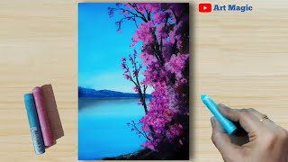 12  Oil Pastel Drawing  How to Draw Realistic Riverside Landscape Nature painting step by step [upl. by Kcirrej298]