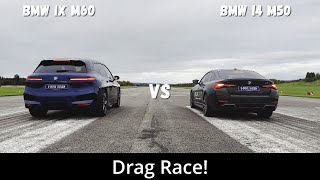 2023 BMW iX M60 619hp vs 2023 BMW i4 M50 544hp  Drag Race  4K [upl. by Latsyrc]