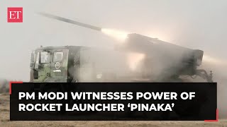 PM Modi witnesses power of MadeinIndia multibarrel rocket launcher ‘Pinaka’ in Pokhran [upl. by Neve]