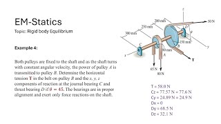 Rigid body Equilibrium Ex 04 Find tension T in belt on pulley B and reactions at bearing C and D [upl. by Esiled]