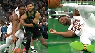 Jayson Tatum takes out Donovan Mitchell with shoulder as Celtics end Cavs 150 start [upl. by Ardeahp77]