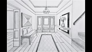 How to draw in one point perspective a foyer entryway room [upl. by Attener761]